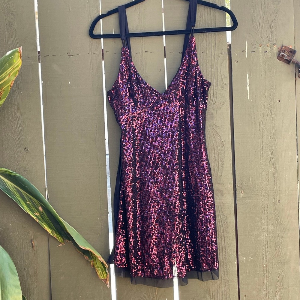 Free People Mini Dress XS Fuschia Pink Sequin Babydoll Adjustable Lined Glam